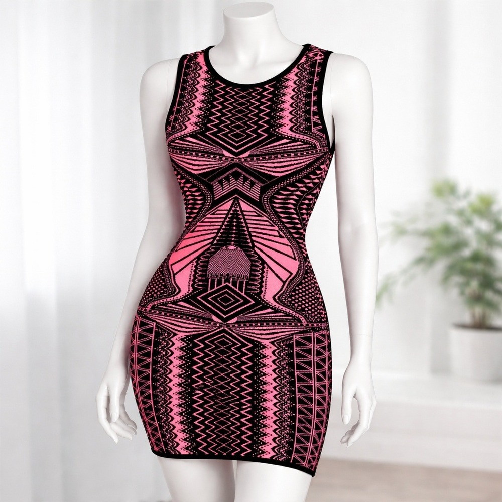 Pink Black Geometric Tribal Knit Bodycon Mini Dress Sleeveless Y2K Baddie